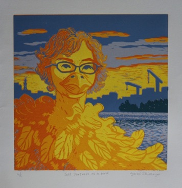 Self Portrait as a Bird - Colour reduction Linocut - Ed 4 - Image size 30cmx30cm